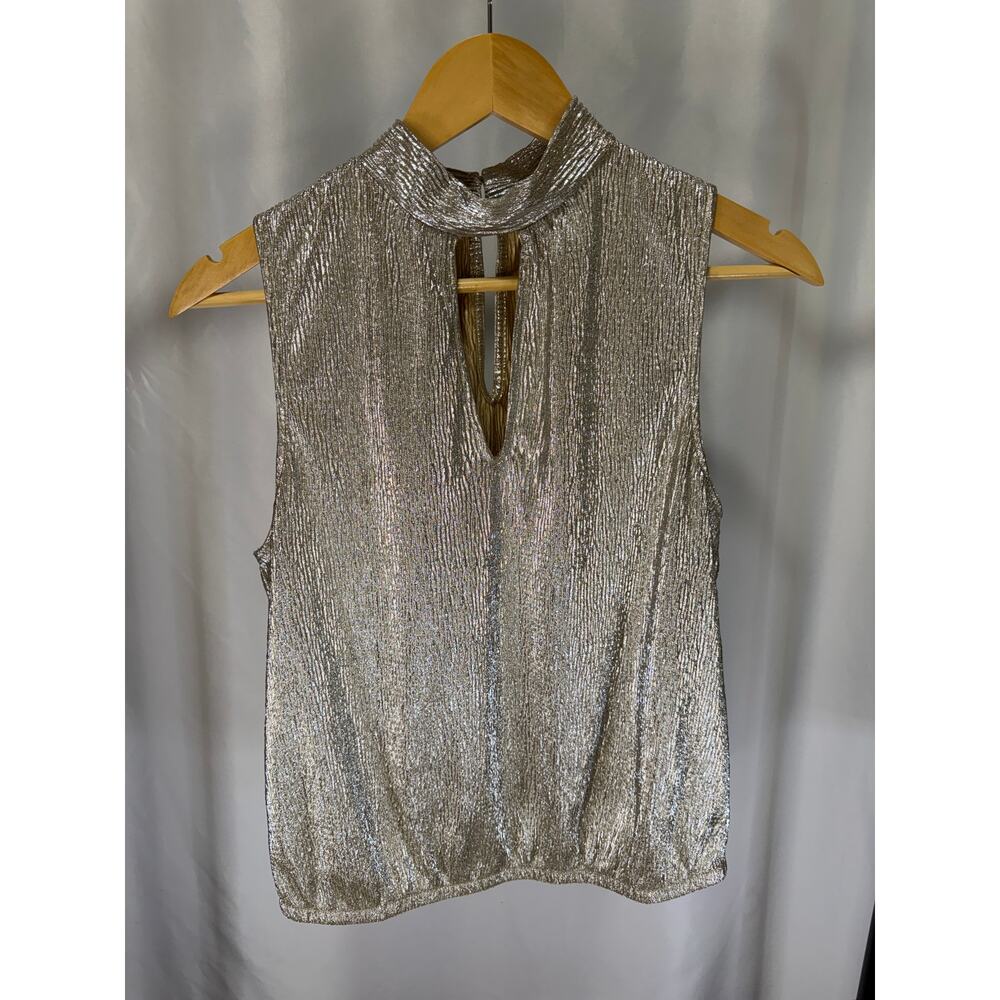Express Women’s M Metallic Gold Pleated Sleeveless Keyhole Mock Neck Party Top